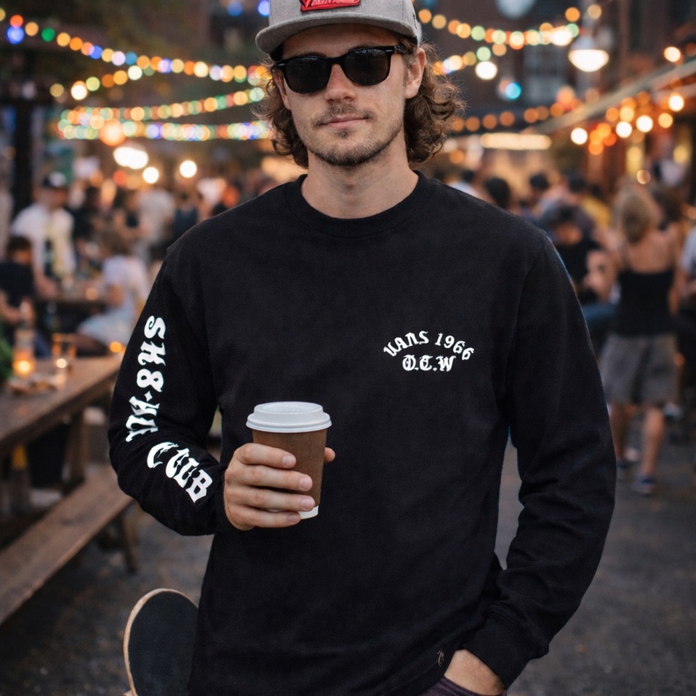 Vans‎ Off The Wall SK8-Hi Club Long Sleeve Shirt Black Gothic Tattoo Logo Skater